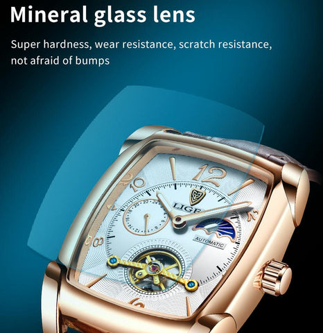 Mens Watches Square Automatic Watch for Men Genuine Leather