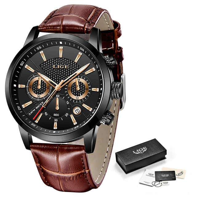 Mens Watches LIGE Top Brand Leather Chronograph Waterproof Sport