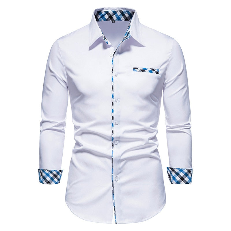 Plaid Patchwork Formal Shirts for Men Slim Long Sleeve White Button Up Shirt Dress