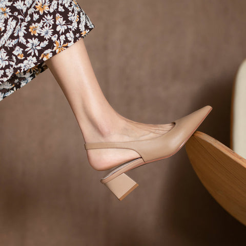 Pointed Toe Back Strap Slingback Women Pumps Genuine Leather Square Heel