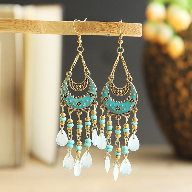 Bohemian Antique Gold Plated Long Water Drop Tassel Earrings