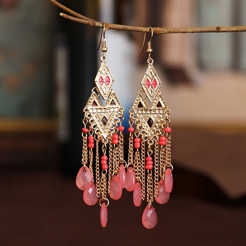 Bohemian Antique Gold Plated Long Water Drop Tassel Earrings