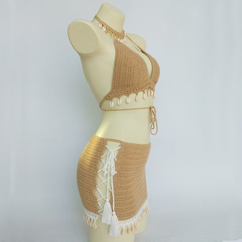 3pcs Bikini Set Woman Crochet Shell Tassel Bikini Top And Seashell Ankle Chain
