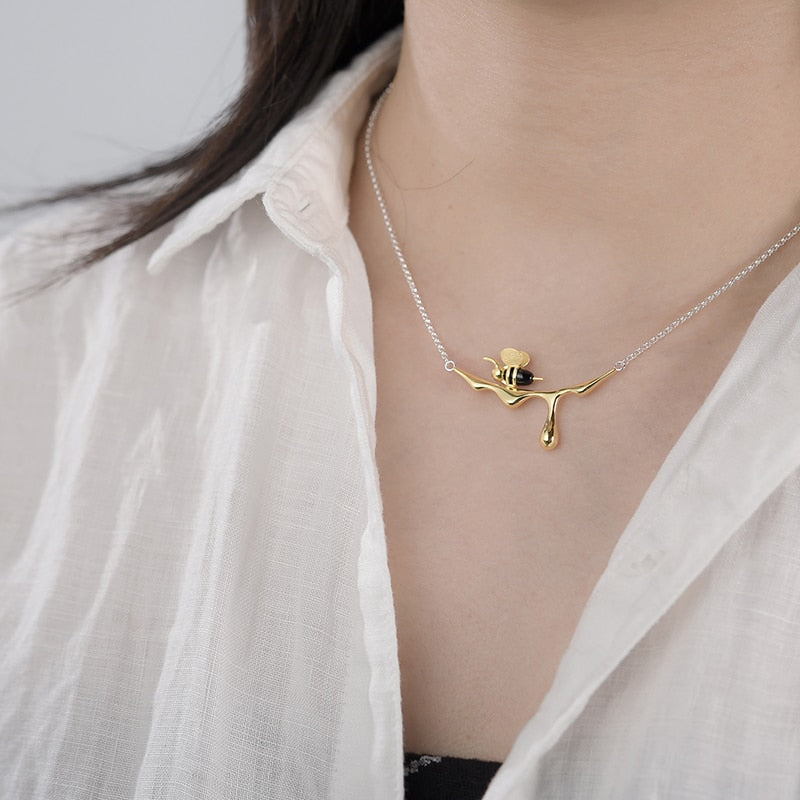 Bee and Dripping Honey Pendant Necklace Women