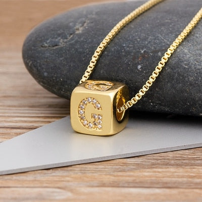 A-Z Initials Micro Pave Copper CZ Cube Letter Pendant Necklaces