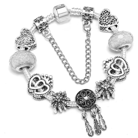 Vintage Silver Color Charms Bracelets Beads Brand
