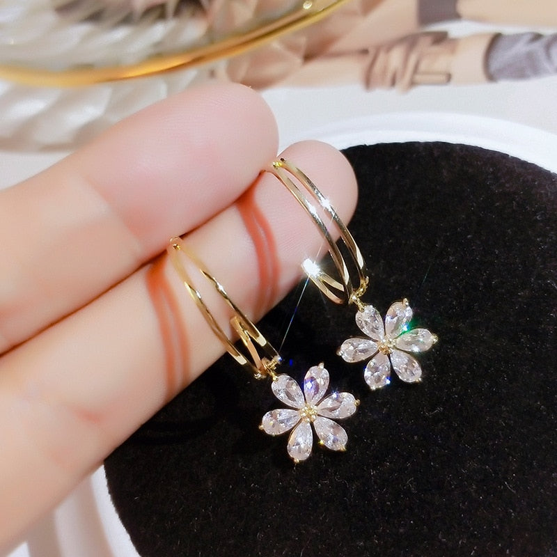 Flower Crystal Temperament Geometric Shiny Zircon Earrings Statement Earrings