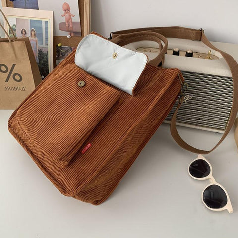 Corduroy Shoulder Bag Women Vintage Shopping Bags Zipper