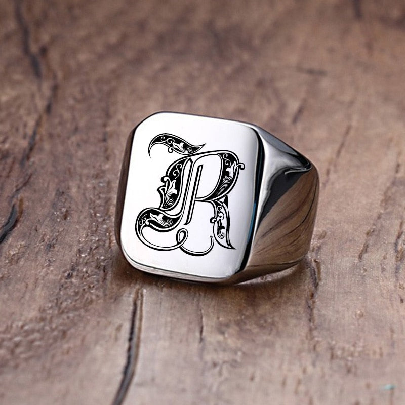 Retro Initials Signet Ring for Men 18mm Bulky Heavy Stamp Male Band Stainless Steel Letters Custom