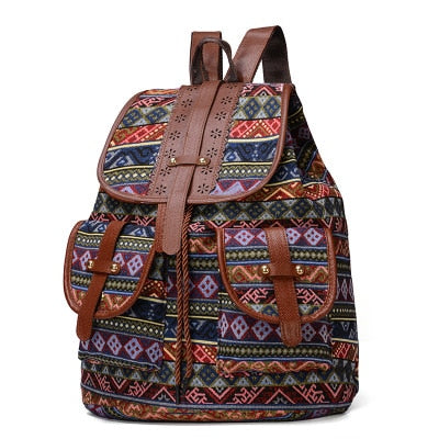 style backpack retro pattern canvas female bag fashion travel drawstring backpack