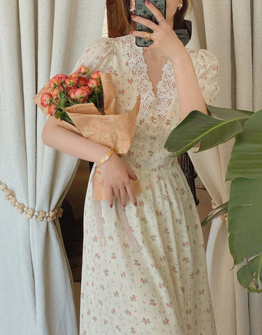 Vintage Floral Dress Women Elegant Lace Chiffon