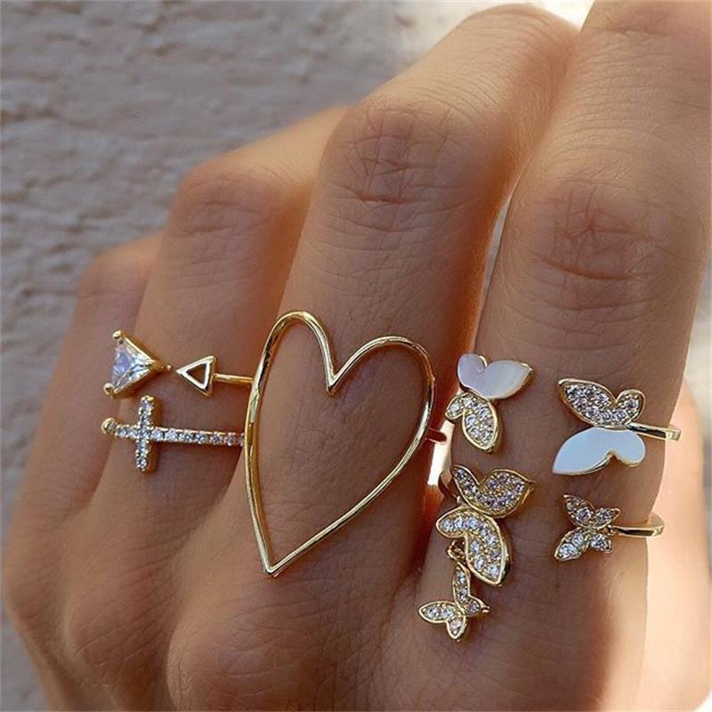 Vintage Boho Crystal Butterfly Rings Set