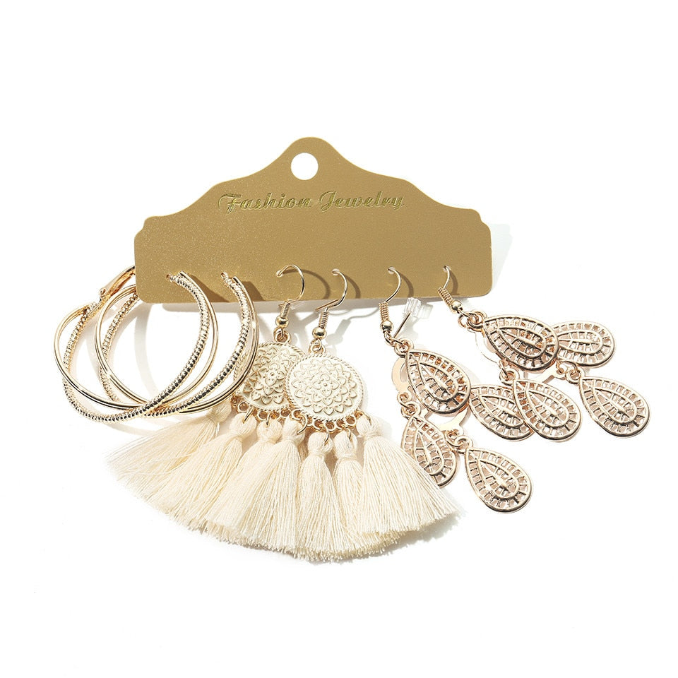 Big Round Beige White Tassel Earrings Set Ethnic Vintage Bohemian