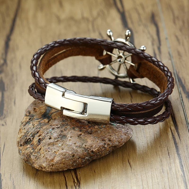 Vintage Rudder Charm Bracelet for Men Multi-layer Leather Rope Bracelets