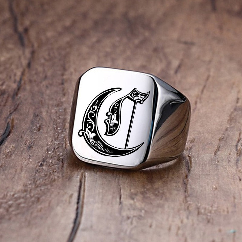 Retro Initials Signet Ring for Men 18mm Bulky Heavy Stamp Male Band Stainless Steel Letters Custom