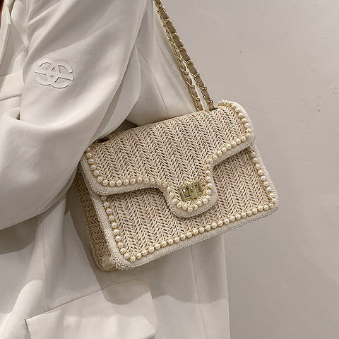 Weave Square Crossbody Bag handbag quality Straw pearl