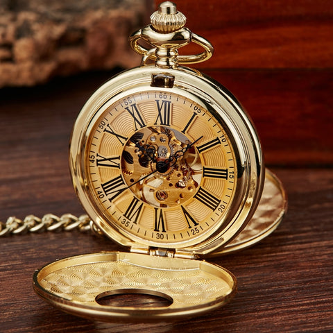 Retro Hand Wind Mechanical Pocket Watch With Fob Chain Mens