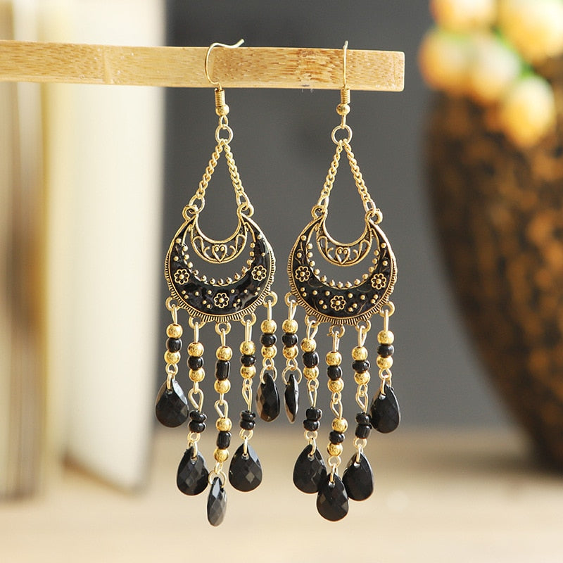 Bohemian Antique Gold Plated Long Water Drop Tassel Earrings