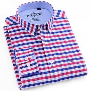 Long Sleeve Oxford Plaid Striped Casual Shirt Front Patch Chest Pocket Regular-fit