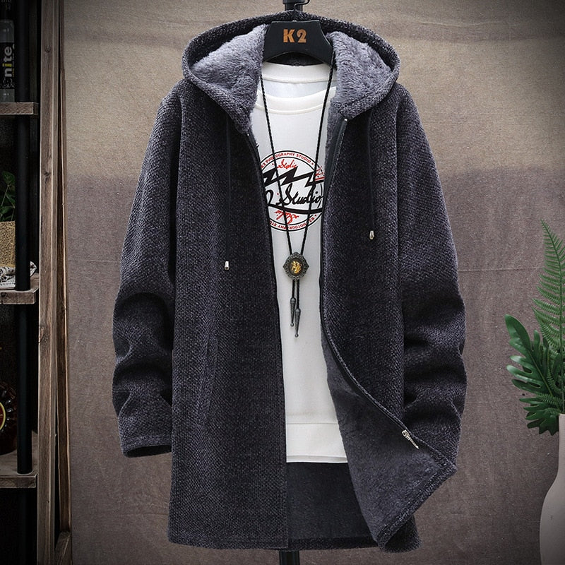 Long Cardigan Sweater Men Fleece Winter Jacket Men Slim Sweaters Hooded