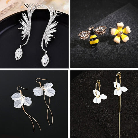 Retro Asymmetric Butterfly Imitation Pearl Earrings Fashion Round Flower