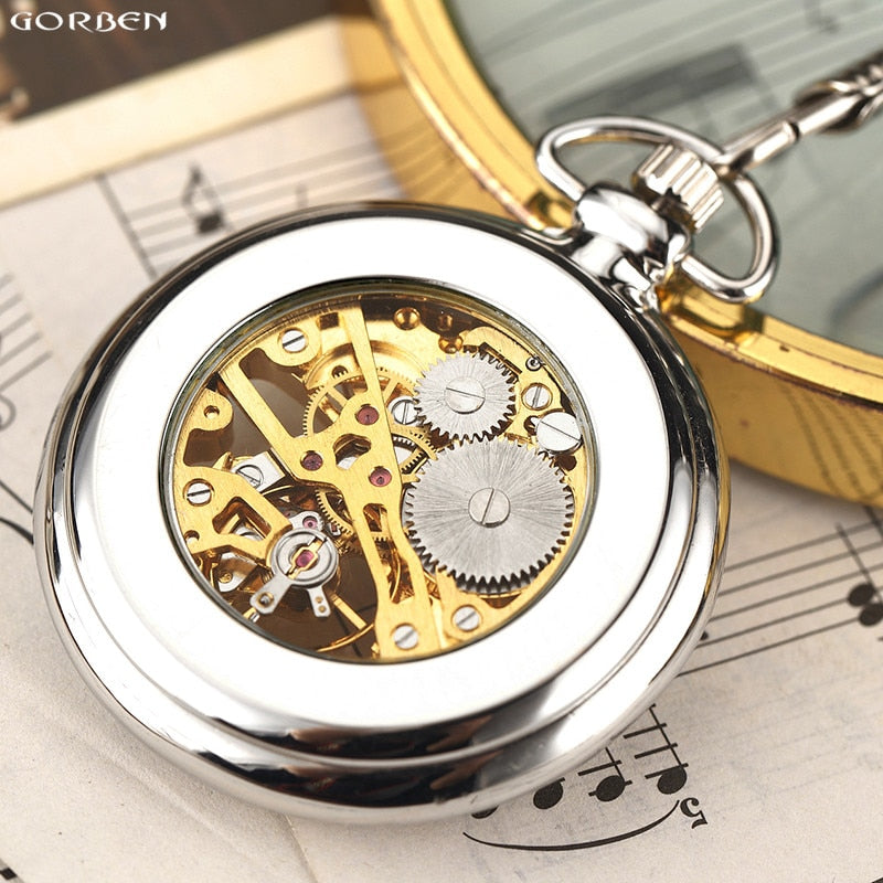 Luury Silver Skeleton Mechacnical Hand-winding Mens Pocket Watch