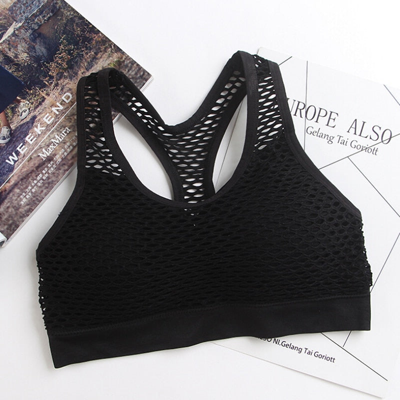 Breathable Mesh Sport Bra Top Hollow Out Cross Shockproof