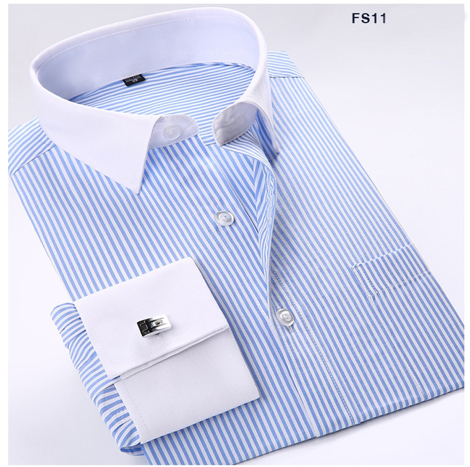 Men Cufflinks Shirts Long Sleeve Shirts Slim