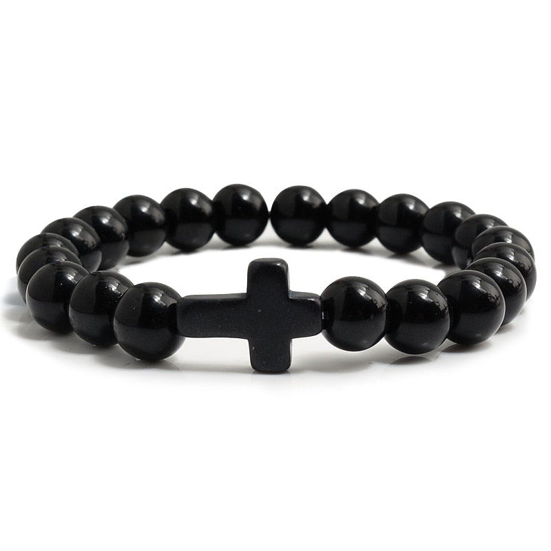 Charm Natural Stone Bracelet Cross Black Lava Matte Beaded Bracelets