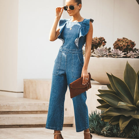 Butterfly Bell Wide Leg Bodycon Denim Jumpsuit Casual Rompers