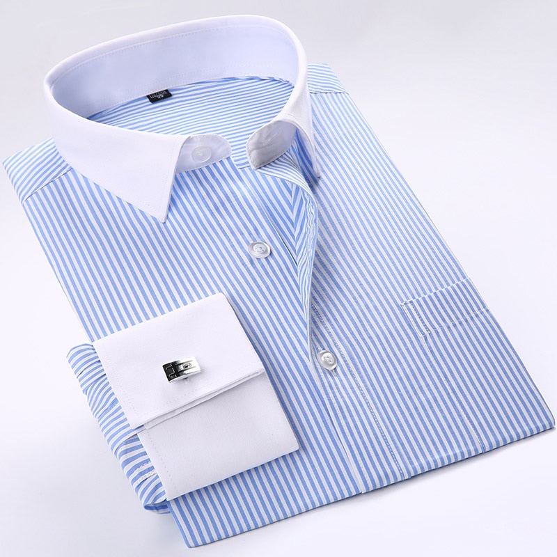 Men Cufflinks Shirts Long Sleeve Shirts Slim