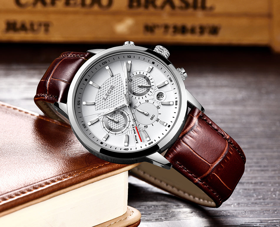 Mens Watches LIGE Top Brand Leather Chronograph Waterproof Sport