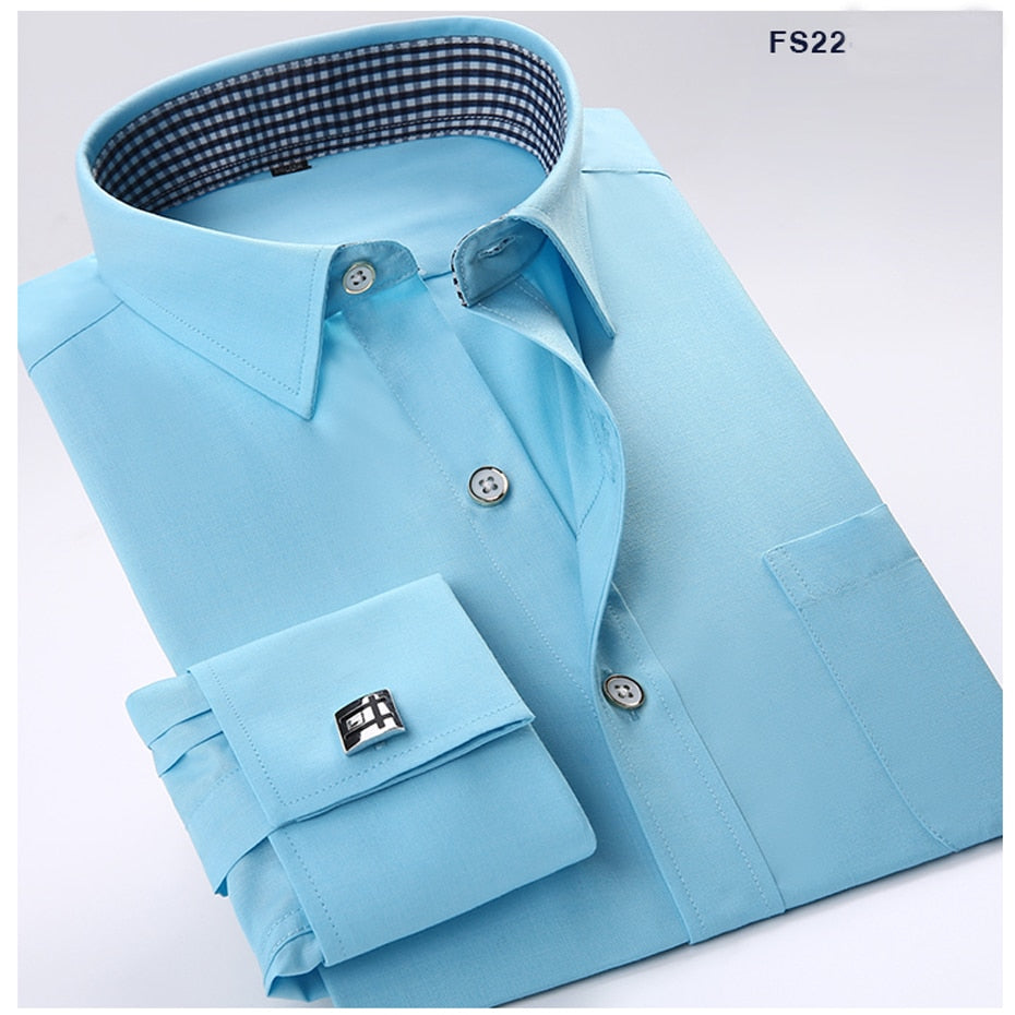 Men Cufflinks Shirts Long Sleeve Shirts Slim