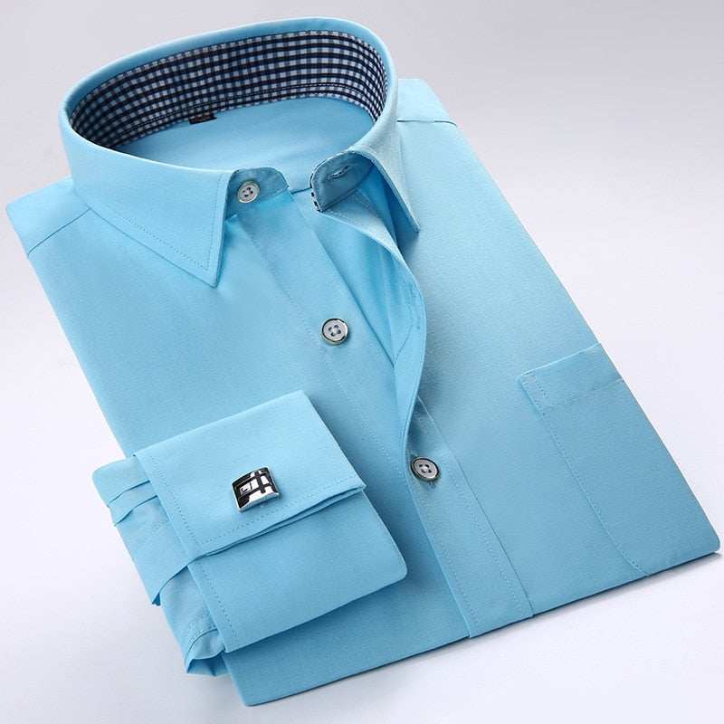 Men Cufflinks Shirts Long Sleeve Shirts Slim