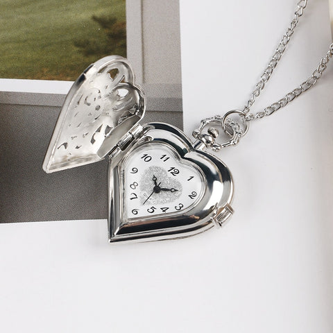 Fashion Silver Heart Shaped Lovely Hollow Elegant Quartz Pocket