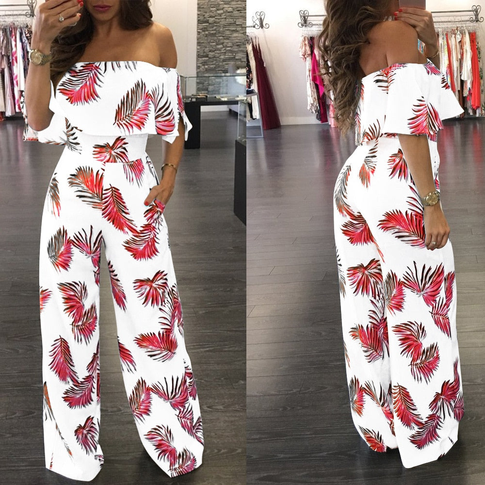 Off Shoulder Floral Print Spandex Boho Style Party Beach Jumpsuit