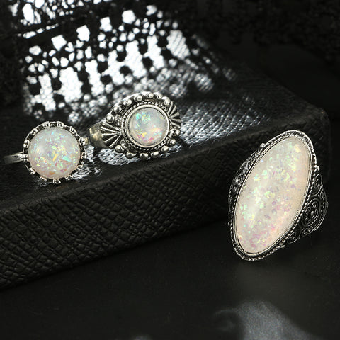 Vintage Antique Silver Color Rings Sets Colorful Opal Crystal Stone Carve
