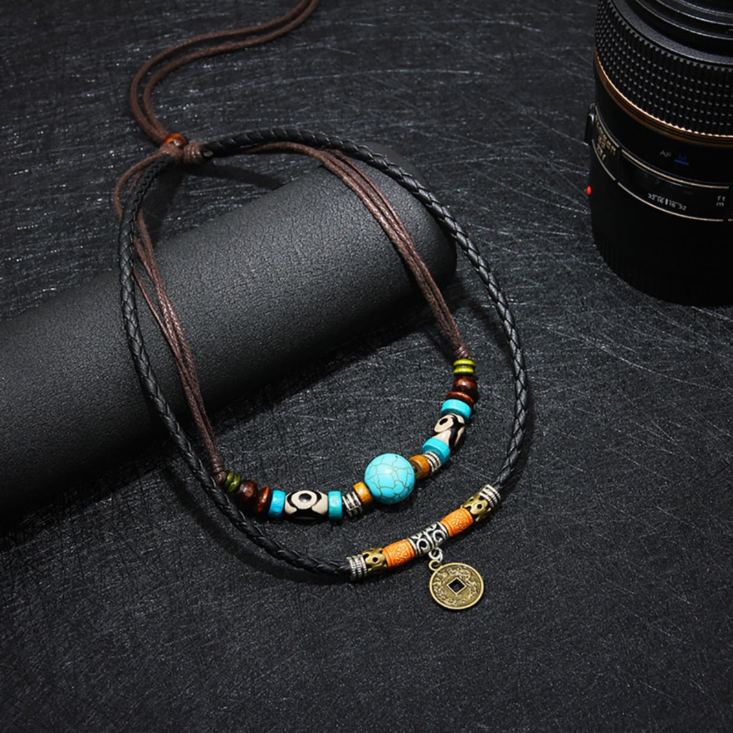 Men 2 layers Leather Rope Necklace Vintage Fashion Retro Creative