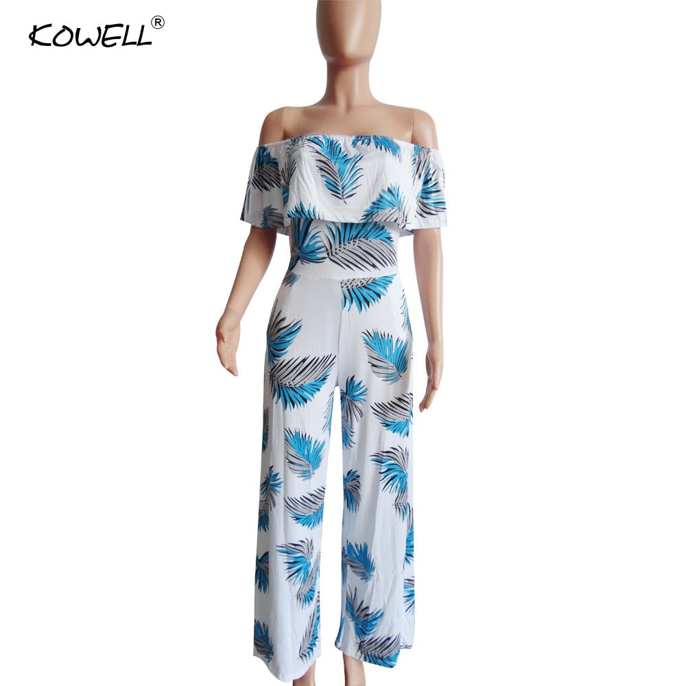 Off Shoulder Floral Print Spandex Boho Style Party Beach Jumpsuit