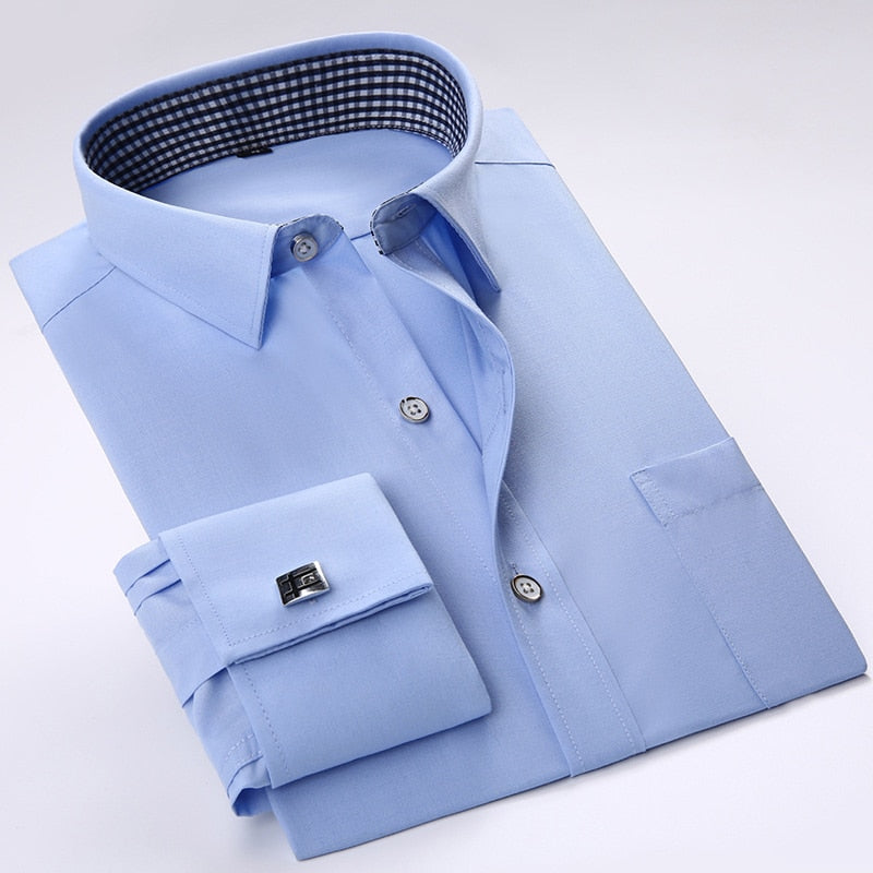 Men Cufflinks Shirts Long Sleeve Shirts Slim