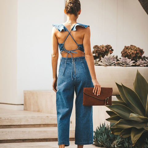 Butterfly Bell Wide Leg Bodycon Denim Jumpsuit Casual Rompers