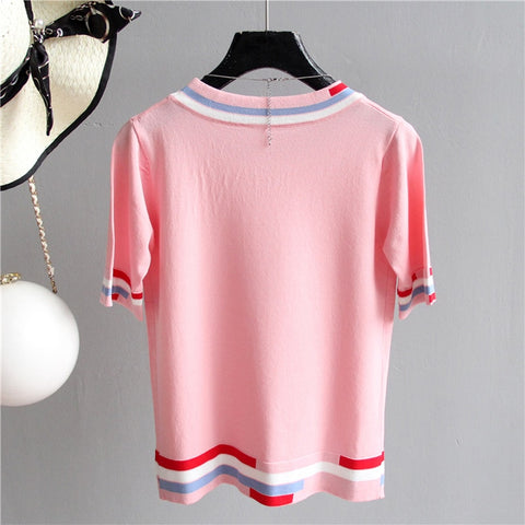 Casual Tees Women Knitting Tops patchwork short sleeve Ladies Shirts