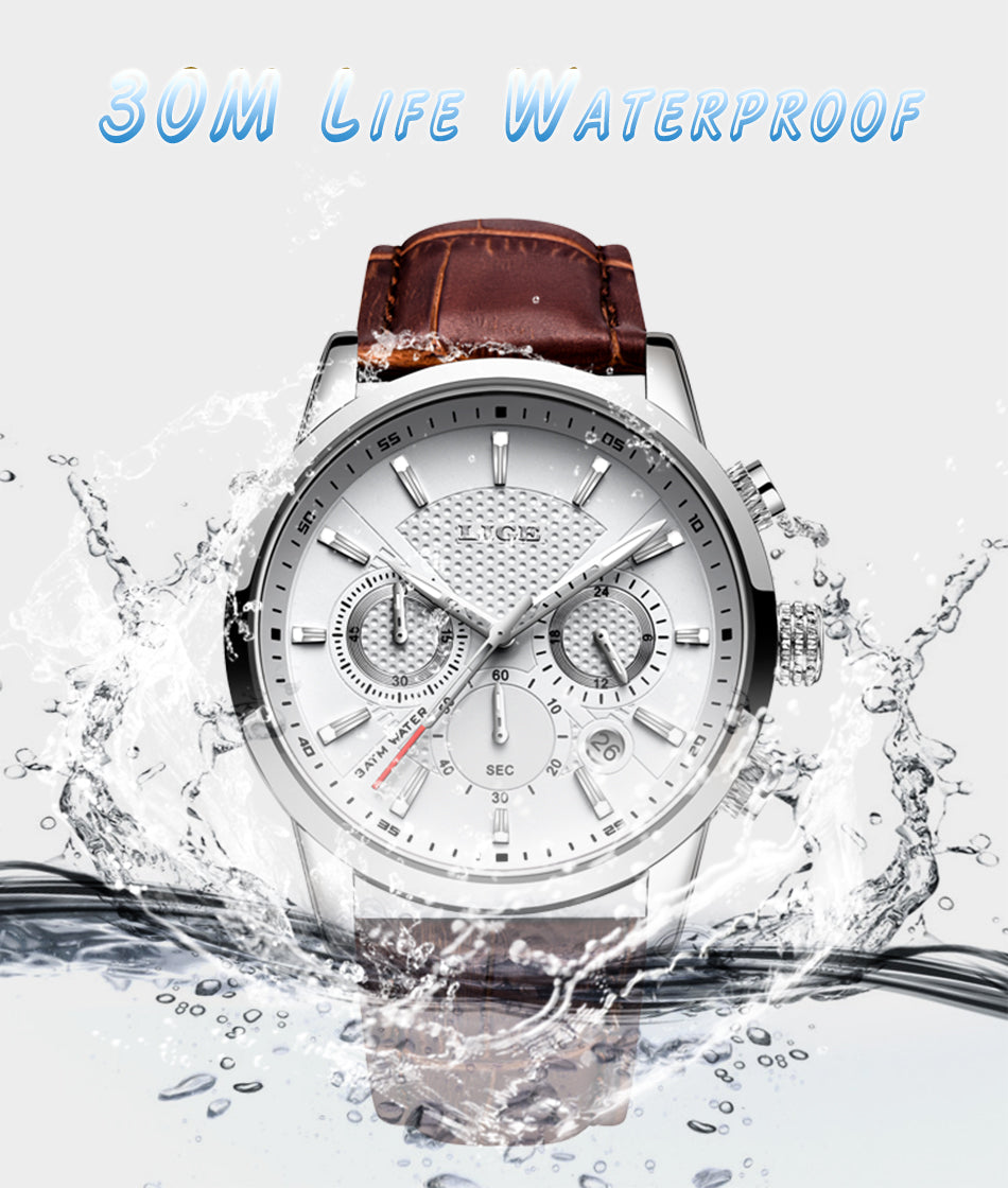 Mens Watches LIGE Top Brand Leather Chronograph Waterproof Sport