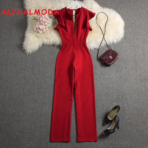 Women Deep V-neck Jumpsuits Solid Color Straight Full Length Pants