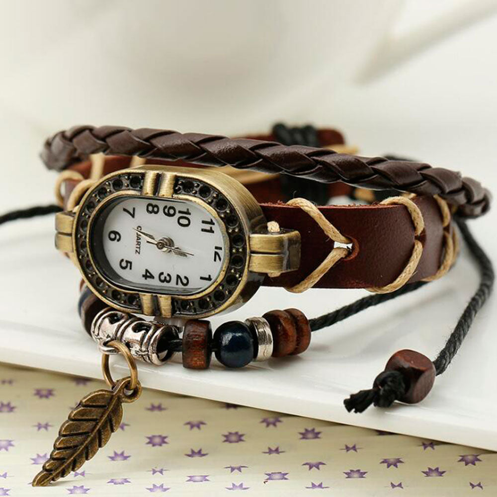 Women Genuine Leather Vintage Quartz Watch Multi Layer Handmade Bracelet