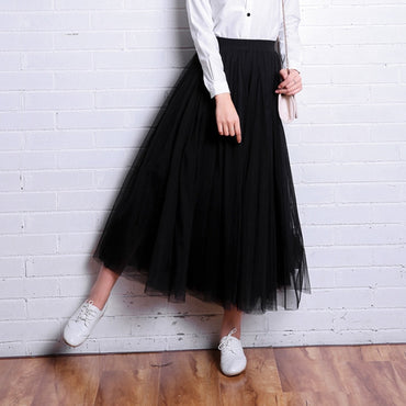 Vintage Tulle Skirt Women Elastic High Waist Mesh Skirts Long Pleated Tutu