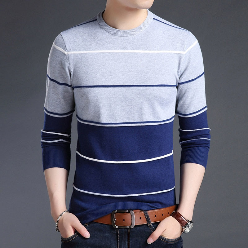 Fashion Brand Sweater Mens Pullover Striped Slim Fit