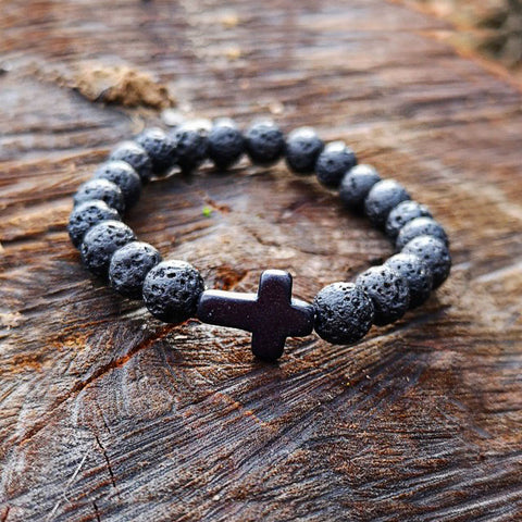 Charm Natural Stone Bracelet Cross Black Lava Matte Beaded Bracelets