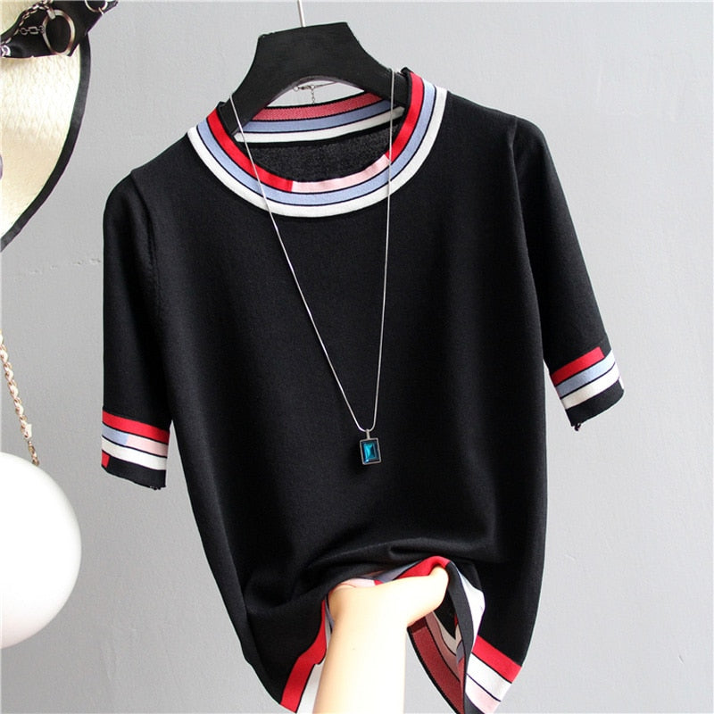 Casual Tees Women Knitting Tops patchwork short sleeve Ladies Shirts