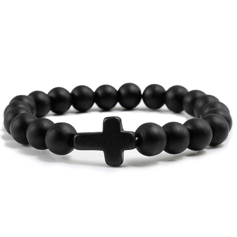 Charm Natural Stone Bracelet Cross Black Lava Matte Beaded Bracelets